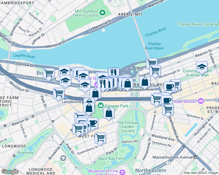 map of restaurants, bars, coffee shops, grocery stores, and more near in Boston