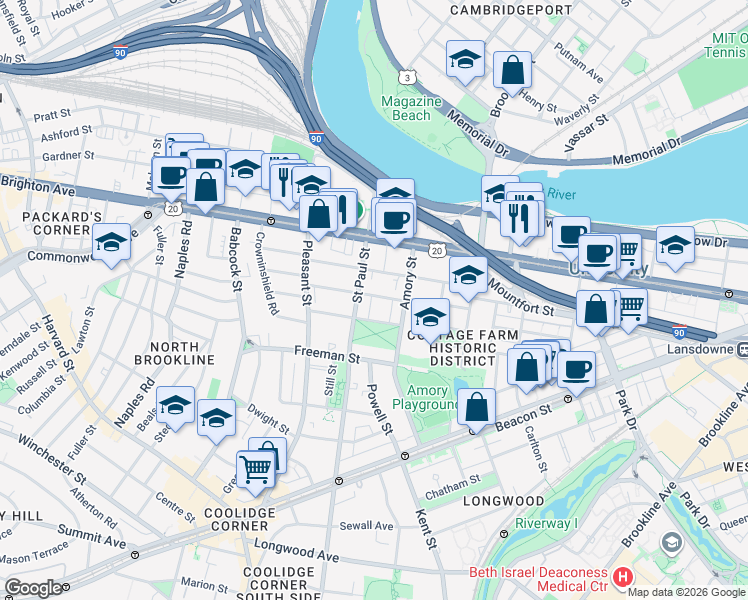 map of restaurants, bars, coffee shops, grocery stores, and more near 15 Egmont Street in Brookline