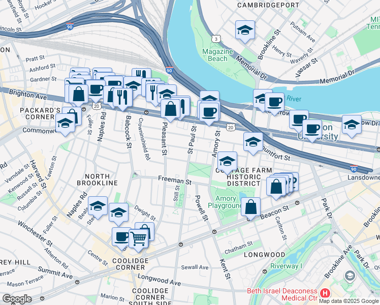map of restaurants, bars, coffee shops, grocery stores, and more near 49 Egmont Street in Brookline
