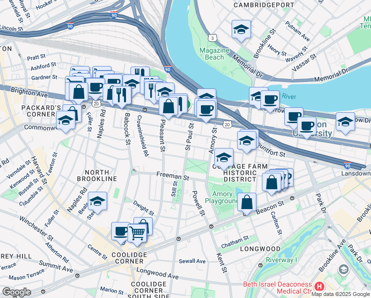 map of restaurants, bars, coffee shops, grocery stores, and more near 49 Egmont Street in Brookline