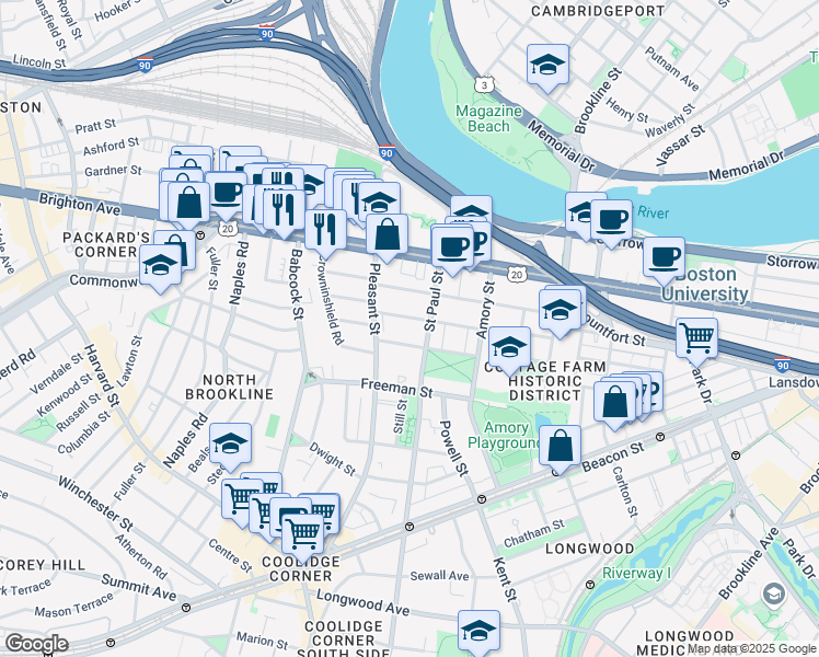 map of restaurants, bars, coffee shops, grocery stores, and more near 49 Egmont Street in Brookline