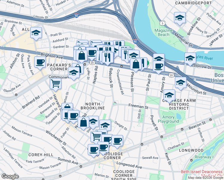 map of restaurants, bars, coffee shops, grocery stores, and more near 187 Babcock Street in Brookline