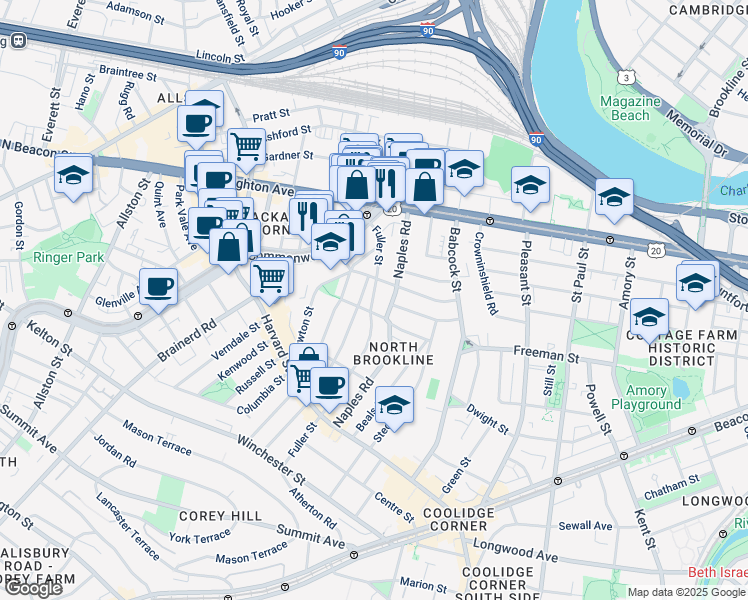 map of restaurants, bars, coffee shops, grocery stores, and more near 168 Coolidge Street in Brookline