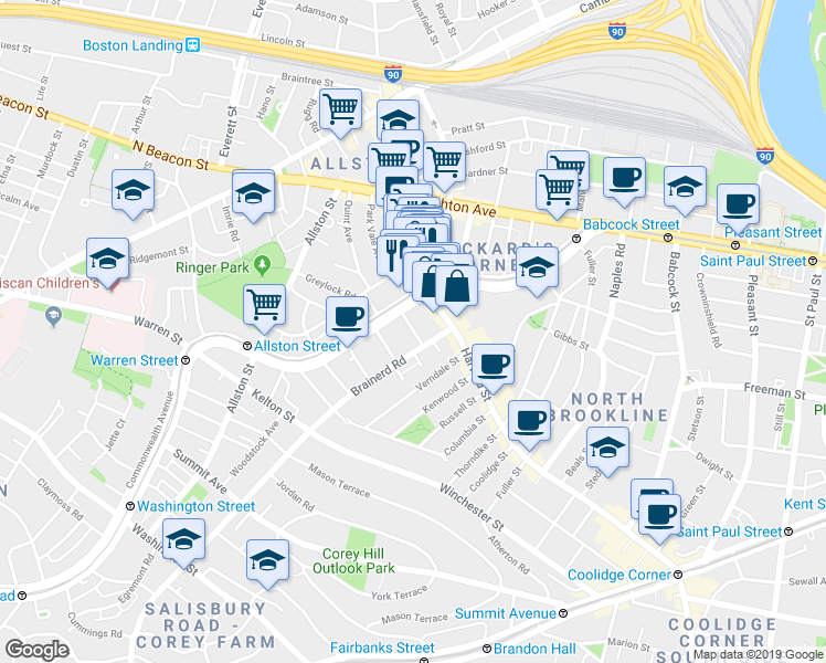 map of restaurants, bars, coffee shops, grocery stores, and more near 1254 Commonwealth Avenue in Boston