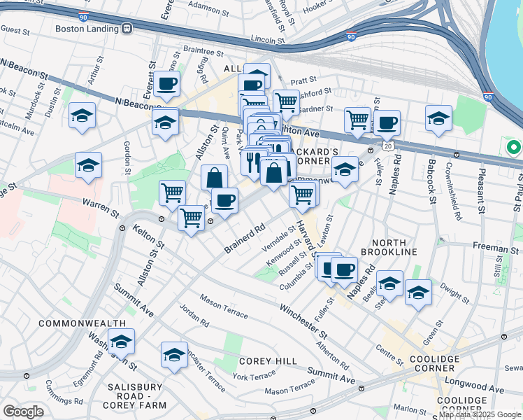 map of restaurants, bars, coffee shops, grocery stores, and more near 1254 Commonwealth Avenue in Boston