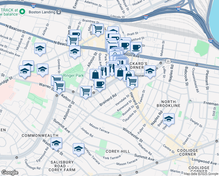 map of restaurants, bars, coffee shops, grocery stores, and more near 1277 Commonwealth Avenue in Boston