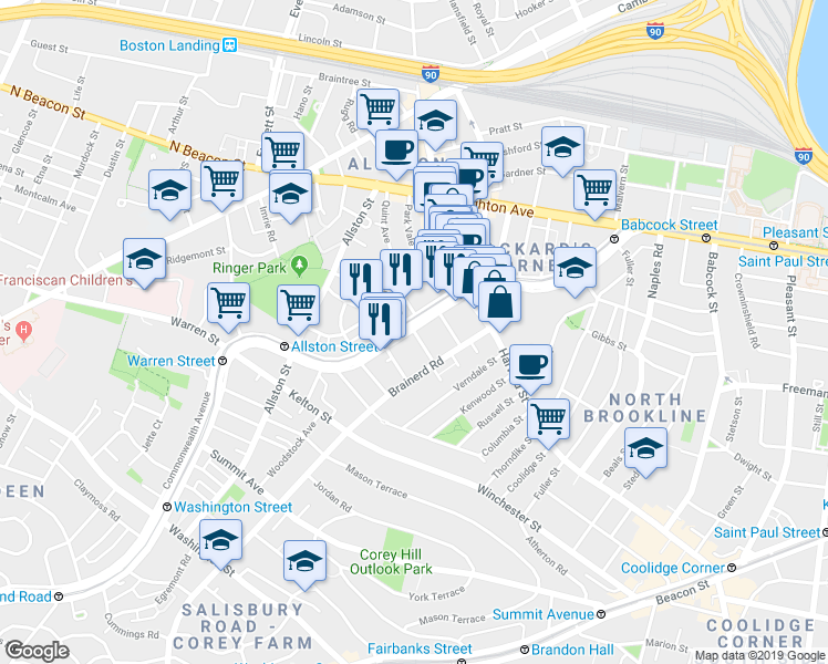 map of restaurants, bars, coffee shops, grocery stores, and more near 1277 Commonwealth Avenue in Boston