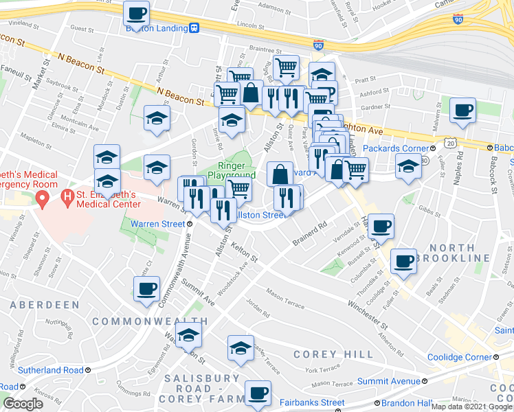 map of restaurants, bars, coffee shops, grocery stores, and more near 28 Long Avenue in Boston