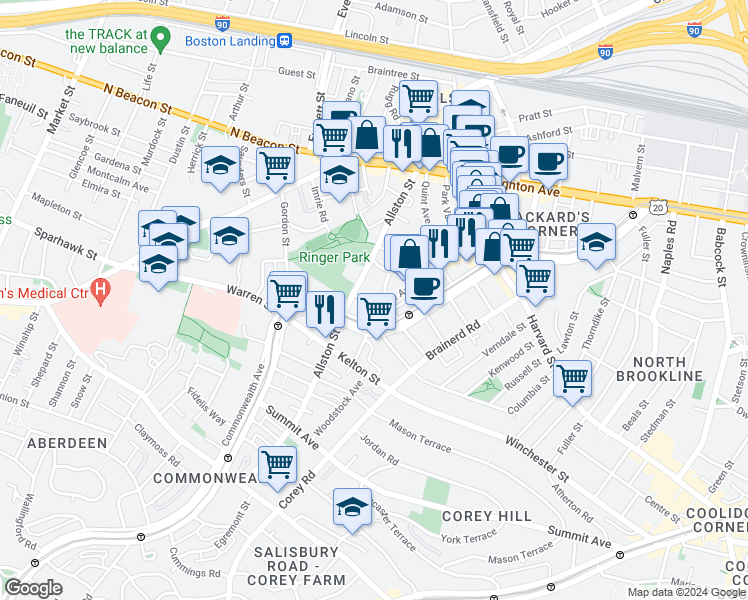 map of restaurants, bars, coffee shops, grocery stores, and more near 28 Long Avenue in Boston