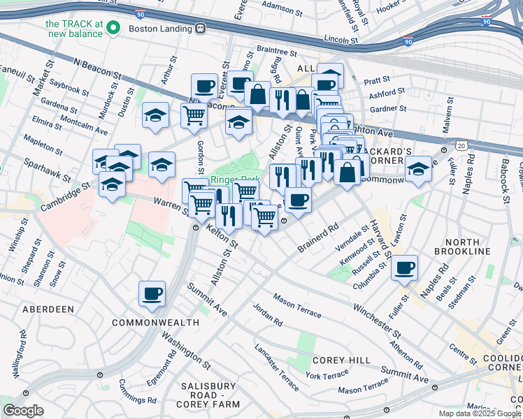 map of restaurants, bars, coffee shops, grocery stores, and more near 28 Long Avenue in Boston