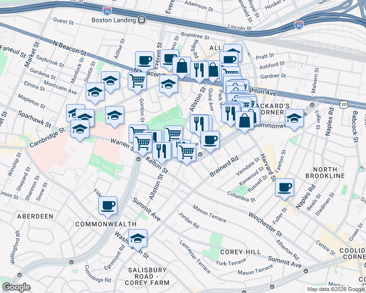 map of restaurants, bars, coffee shops, grocery stores, and more near 28 Long Avenue in Boston