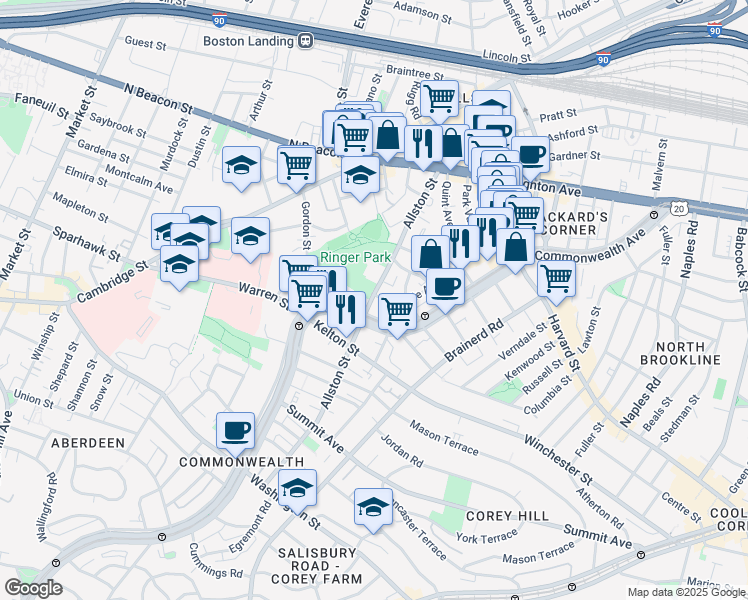 map of restaurants, bars, coffee shops, grocery stores, and more near 139 Glenville Avenue in Boston