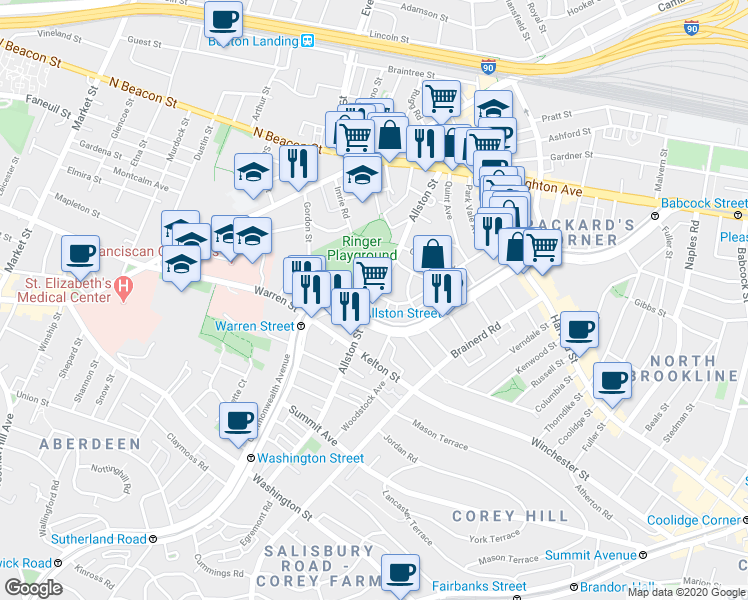 map of restaurants, bars, coffee shops, grocery stores, and more near 139 Glenville Avenue in Boston