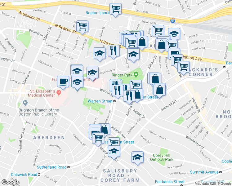 map of restaurants, bars, coffee shops, grocery stores, and more near 103 Gordon Street in Boston