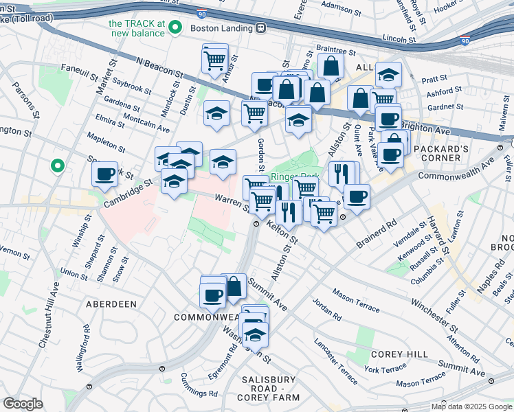 map of restaurants, bars, coffee shops, grocery stores, and more near 107 Gordon Street in Brighton