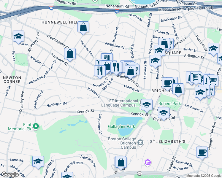 map of restaurants, bars, coffee shops, grocery stores, and more near 18 North Crescent Circuit in Boston