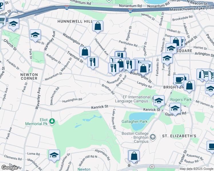 map of restaurants, bars, coffee shops, grocery stores, and more near 73 A Nonantum Street in Boston