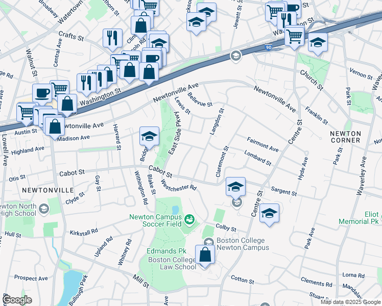 map of restaurants, bars, coffee shops, grocery stores, and more near 9 Winchester Road in Newton