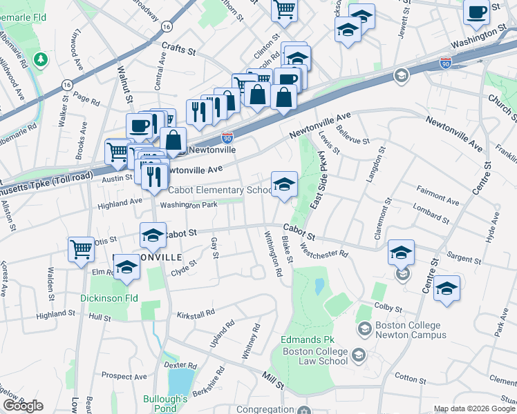 map of restaurants, bars, coffee shops, grocery stores, and more near 17 Clarendon Street in Newton
