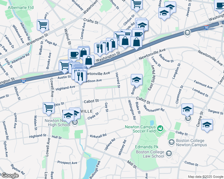 map of restaurants, bars, coffee shops, grocery stores, and more near 15 Washington Park in Newton