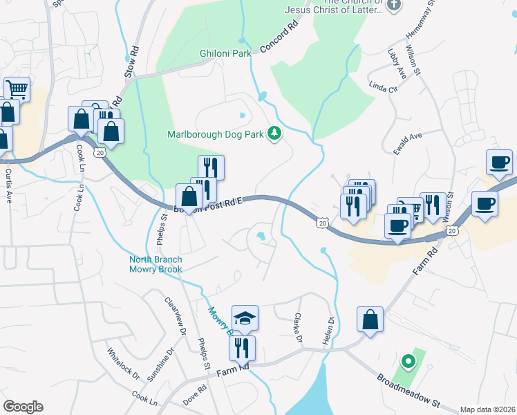 map of restaurants, bars, coffee shops, grocery stores, and more near 259 Boston Post Road East in Marlborough