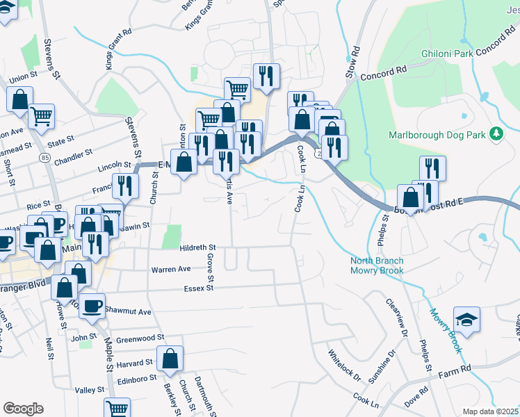 map of restaurants, bars, coffee shops, grocery stores, and more near 26 Crystal Brook Way in Marlborough