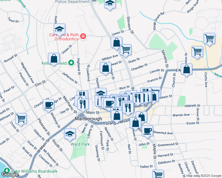 map of restaurants, bars, coffee shops, grocery stores, and more near 12 Short Street in Marlborough