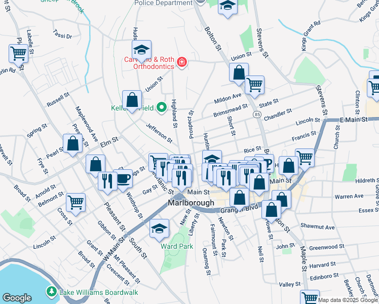 map of restaurants, bars, coffee shops, grocery stores, and more near 21 Highland Street in Marlborough