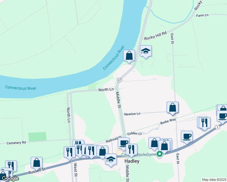 map of restaurants, bars, coffee shops, grocery stores, and more near 1 Middle Street in Hadley