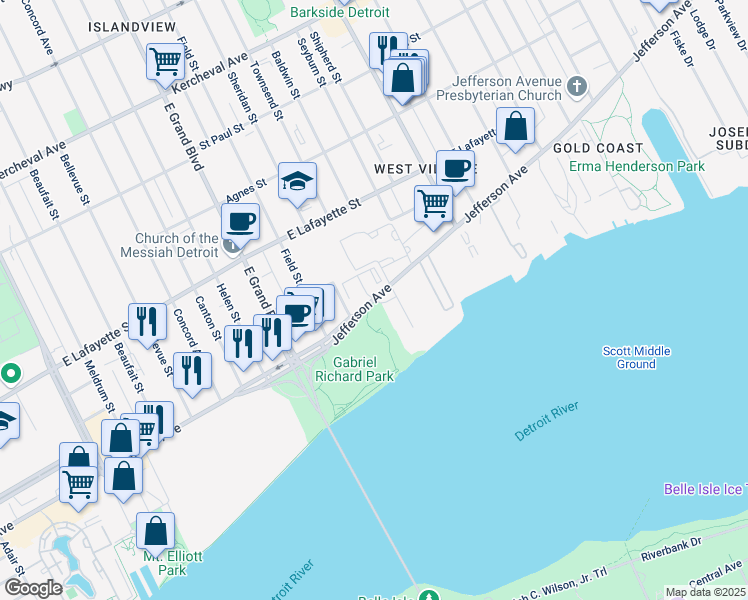 map of restaurants, bars, coffee shops, grocery stores, and more near in Detroit