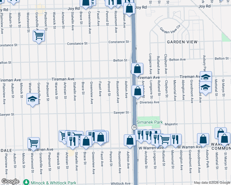 map of restaurants, bars, coffee shops, grocery stores, and more near 7770 Rosemont Avenue in Detroit