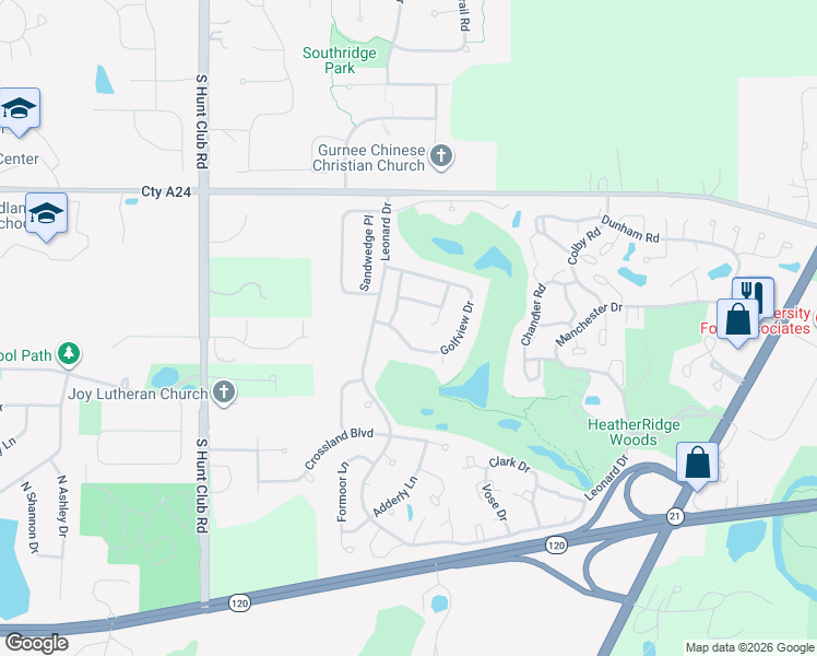 map of restaurants, bars, coffee shops, grocery stores, and more near 6161 Brookstone Place in Gurnee