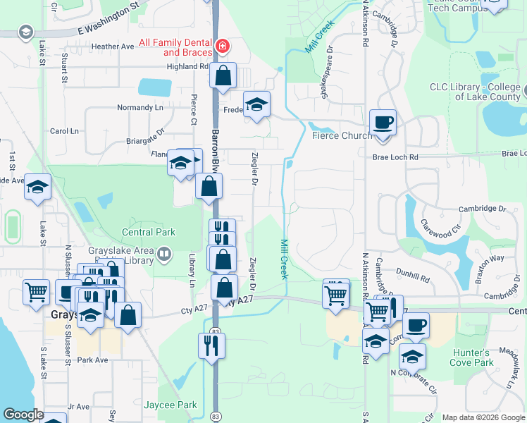 map of restaurants, bars, coffee shops, grocery stores, and more near 638 Oriole Court in Grayslake