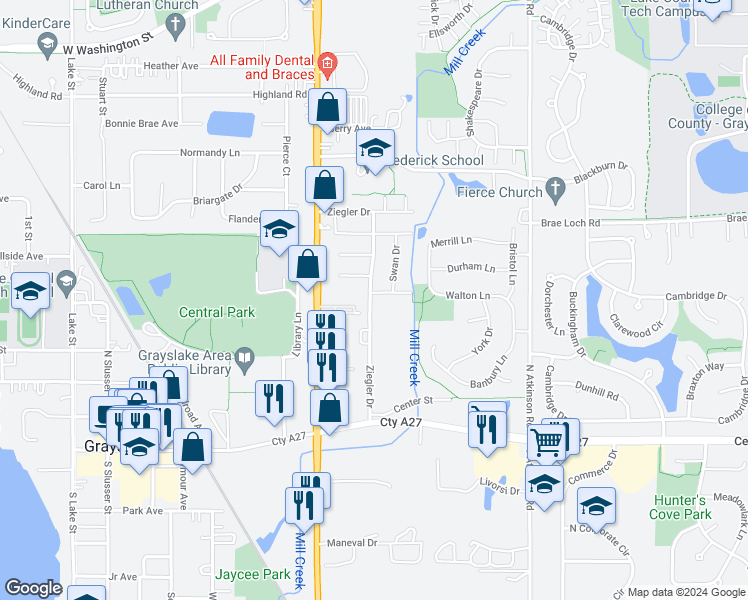 map of restaurants, bars, coffee shops, grocery stores, and more near 638 Oriole Court in Grayslake