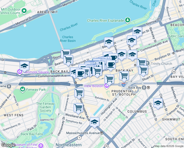 map of restaurants, bars, coffee shops, grocery stores, and more near 296 Commonwealth Avenue in Boston