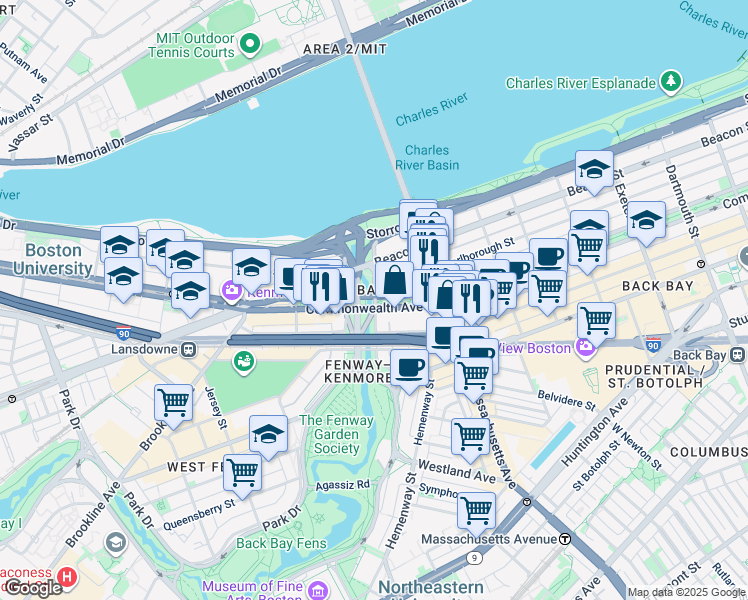 map of restaurants, bars, coffee shops, grocery stores, and more near 847 Charlesgate East in Boston