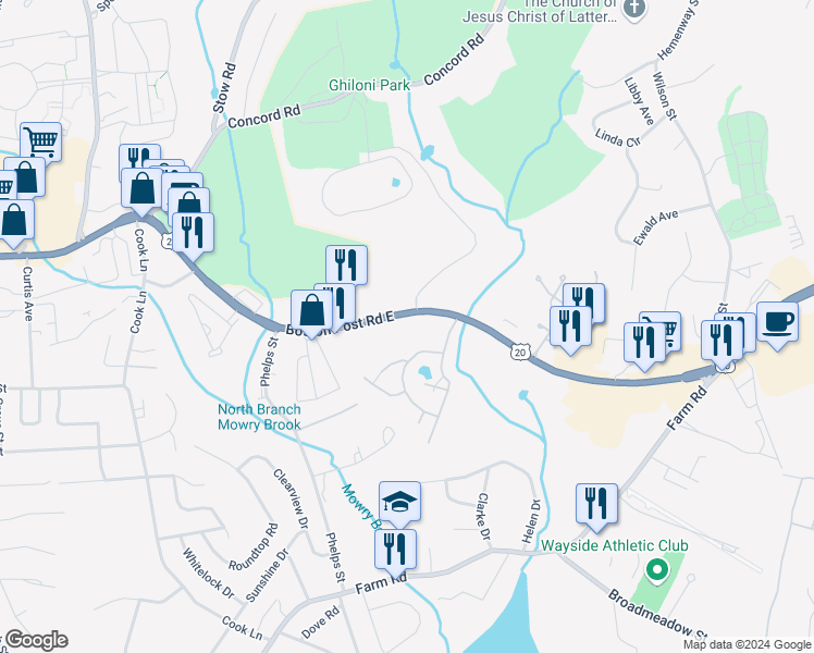 map of restaurants, bars, coffee shops, grocery stores, and more near 261 Boston Post Road East in Marlborough