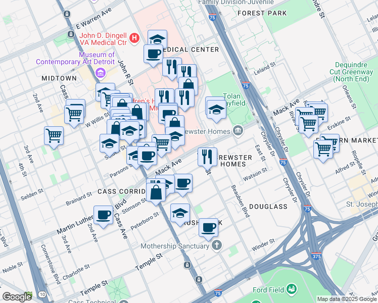 map of restaurants, bars, coffee shops, grocery stores, and more near in Detroit