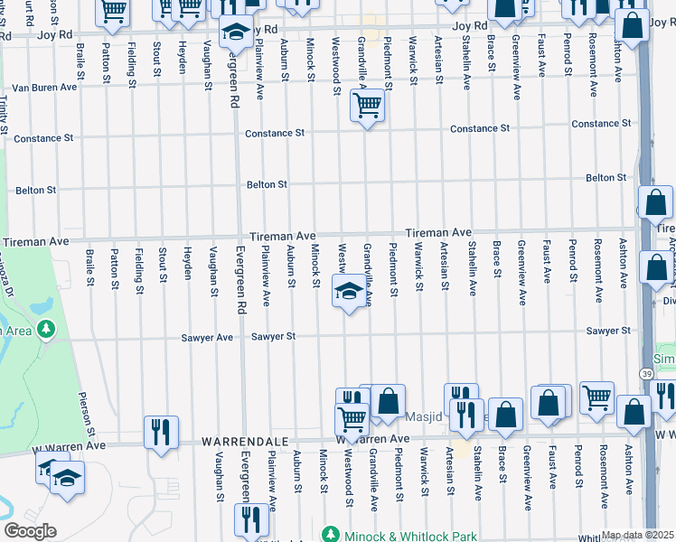 map of restaurants, bars, coffee shops, grocery stores, and more near 7759 Westwood Street in Detroit