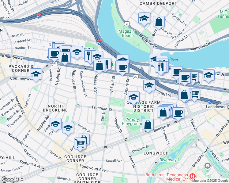 map of restaurants, bars, coffee shops, grocery stores, and more near 15 Egmont Street in Brookline