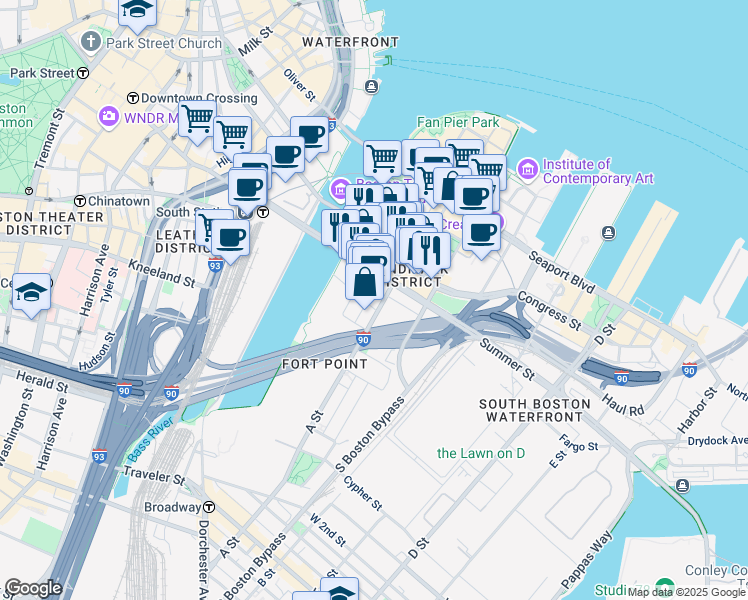map of restaurants, bars, coffee shops, grocery stores, and more near 51 Melcher Street in Boston