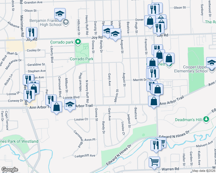 map of restaurants, bars, coffee shops, grocery stores, and more near 8177 Gary Avenue in Westland