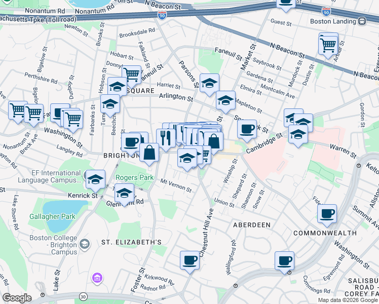 map of restaurants, bars, coffee shops, grocery stores, and more near Washington St & Dighton St in Boston