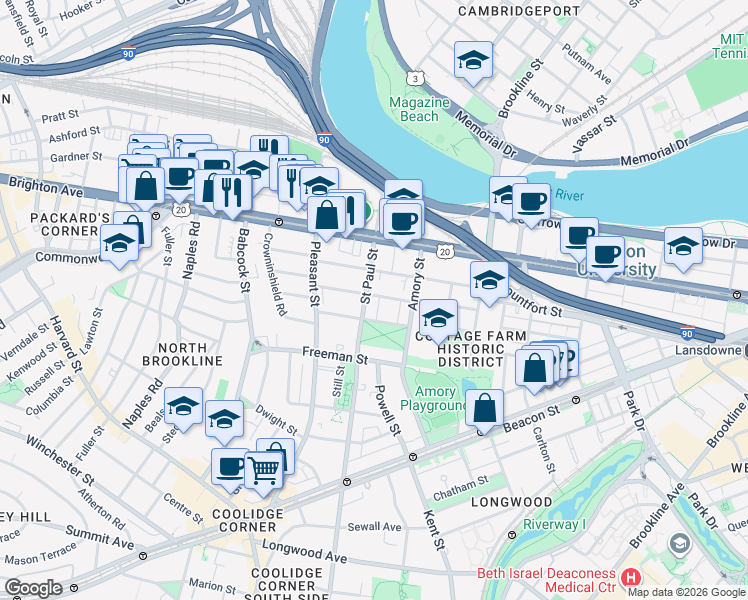 map of restaurants, bars, coffee shops, grocery stores, and more near 49 Egmont Street in Brookline