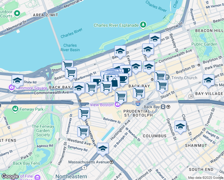 map of restaurants, bars, coffee shops, grocery stores, and more near 267 Newbury Street in Boston