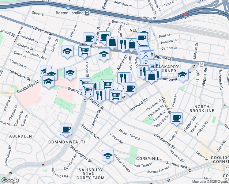 map of restaurants, bars, coffee shops, grocery stores, and more near 28 Long Avenue in Boston