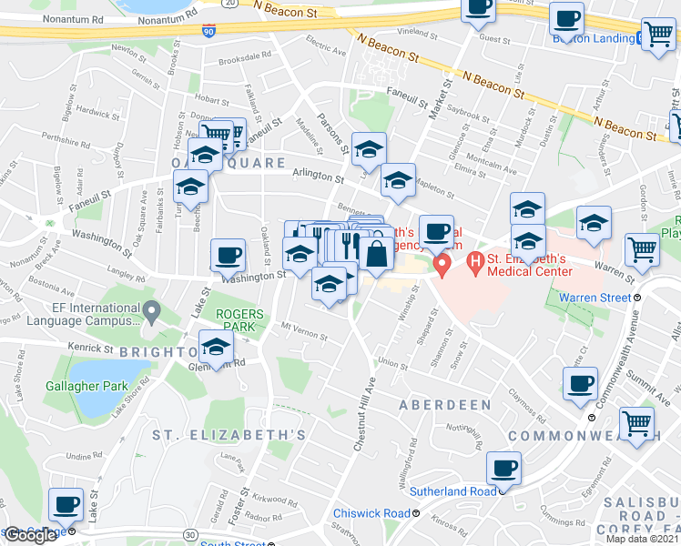 map of restaurants, bars, coffee shops, grocery stores, and more near Washington Street & Argus Place in Boston