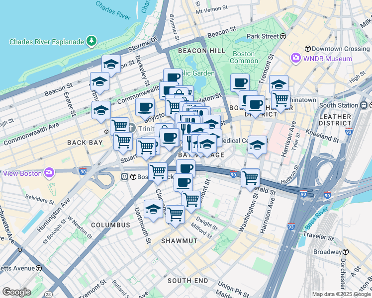map of restaurants, bars, coffee shops, grocery stores, and more near in Boston
