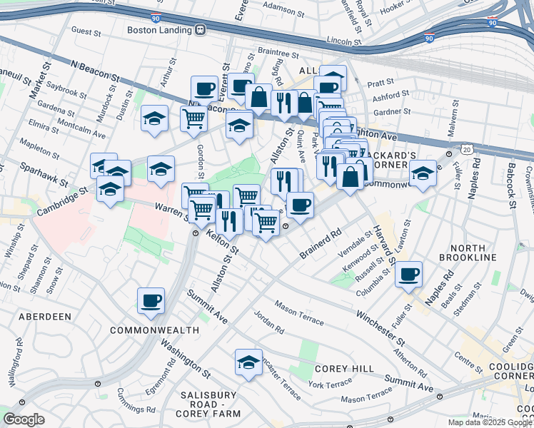 map of restaurants, bars, coffee shops, grocery stores, and more near 28 Long Avenue in Boston