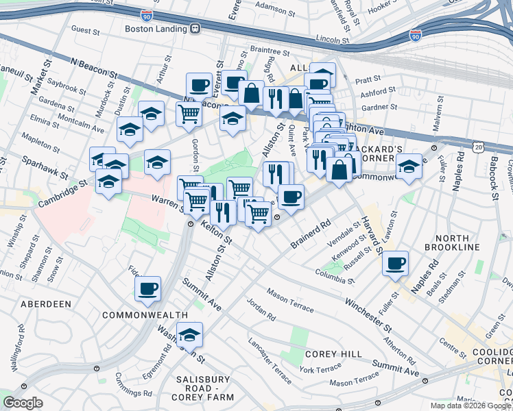 map of restaurants, bars, coffee shops, grocery stores, and more near 28 Long Avenue in Boston
